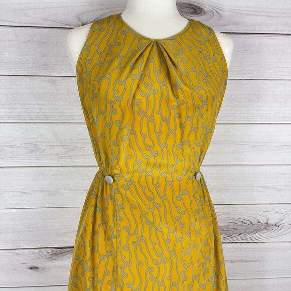Anthropologie Girls From Savoy Silk Dress Mustard Yellow Gray Sz 4 - Picture 3 of 8